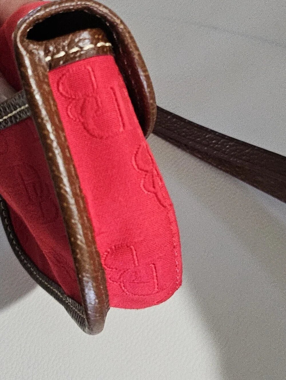 Dooney & Bourke Red Monogram Wristlet Pouch Brown Trim Smal Clutch Wallet.